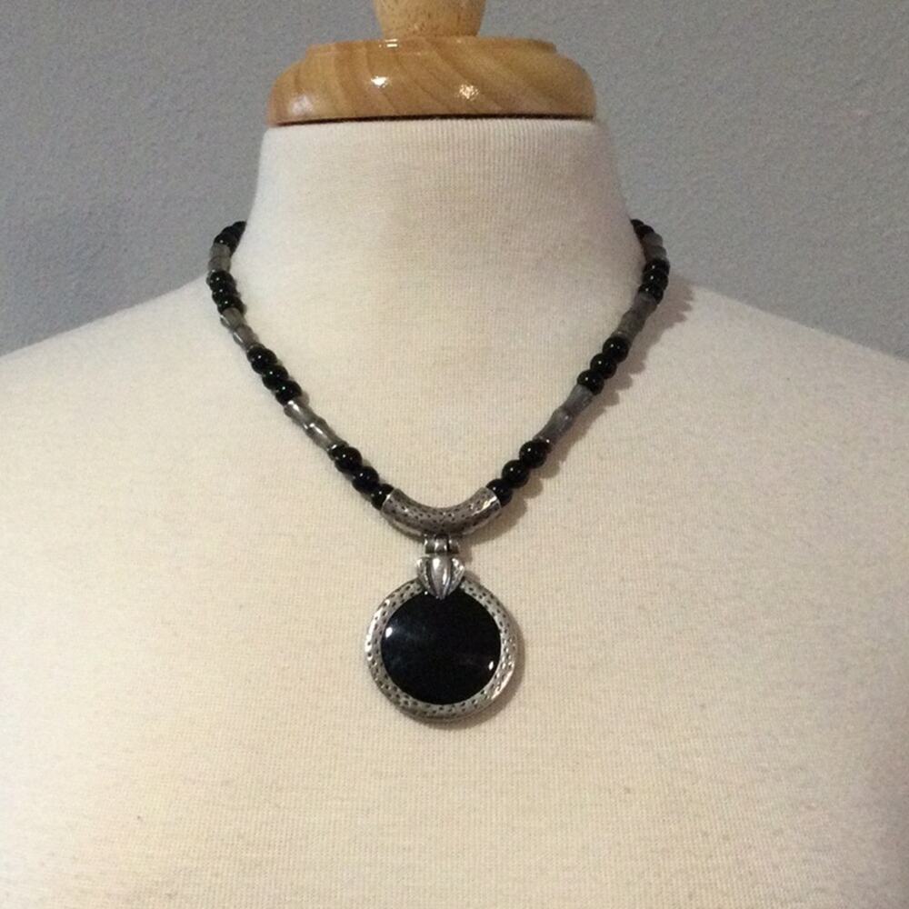 Chico's Vintage Pendant Necklace Silver Tone Black Bead Tribal Lightly Hammered